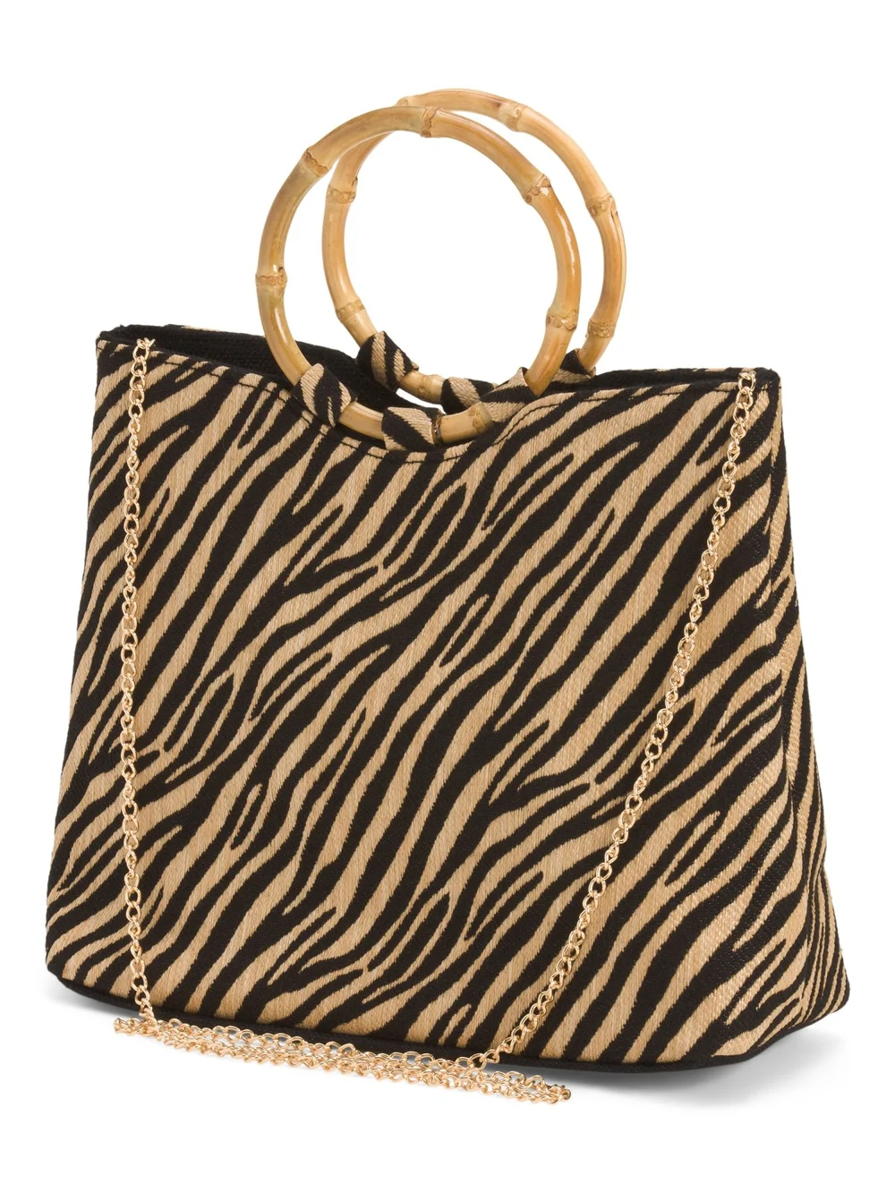 Zebra-Print Tote with Bamboo Ring Handles - Beige & Black